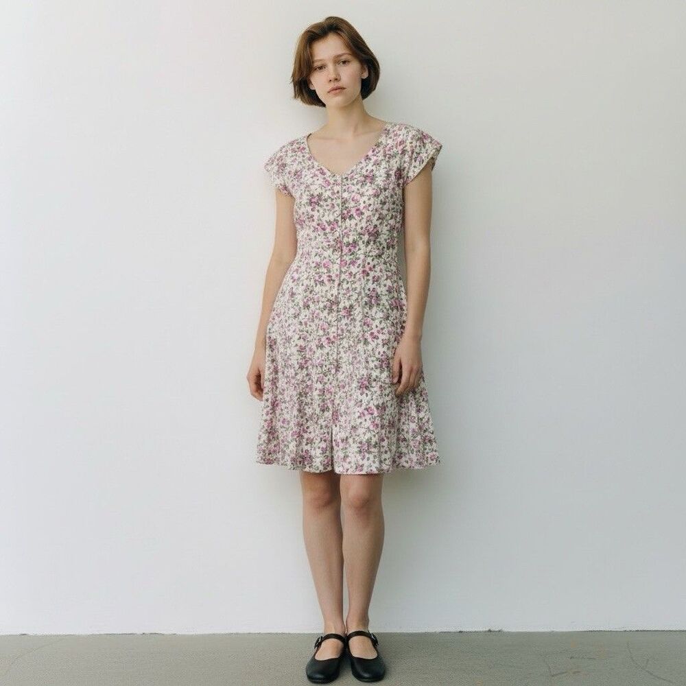 VTG 90S Cottage Rose Floral Button Front Fit And Flare Flutter Sleeve Dress Sz 6